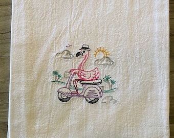 Flamingo à trottinette - Serviettes pour sacs de farine - 27" x 27"