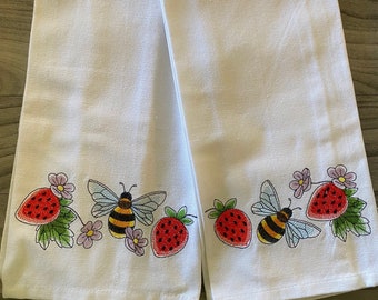 Theedoekenset - bijen en aardbeien - 27 x 18 inch van hoge kwaliteit 100% katoen