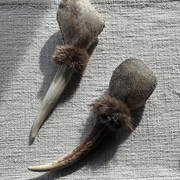 Hochet chamanique fait main : wapiti + bois de cerf, fourrure de coyote, fait sur commande