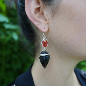 Obsidian Carnelian Warrior Goddess Arrowhead Earrings | Sterling Silver | Shaman Guatemala