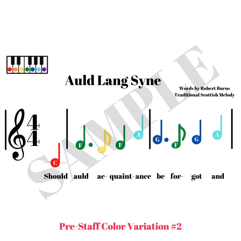 Auld Lang Syne Lead Sheet Beginner Music (pre-staff/color Coded/with ...