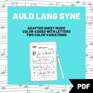 May include: A digital sheet music download for the song "Auld Lang Syne" with colour-coded notes and letters. The sheet music is displayed on a tablet with a stylus next to it. The background is a turquoise blue with a pattern of musical notes.