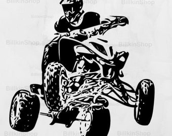 May include: Black and white silhouette of a person riding an ATV. The ATV is in mid-air with the front wheels off the ground. The person is wearing a helmet and goggles.