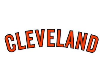 May include: The word "CLEVELAND" in orange block letters with a dark brown outline, arched across the image. The text is centered on a white background.