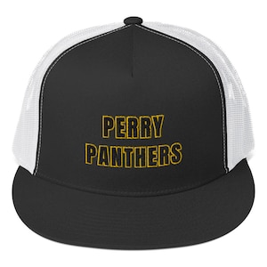 May include: Black and white trucker hat with a black mesh back. The front of the hat has the words "PERRY PANTHERS" embroidered in yellow.