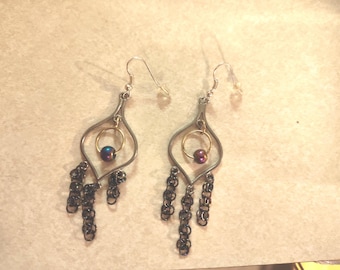 Handcrafted Chainmail Earrings with Multicolor Bead – Light Dangle Jewelry
