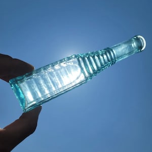 1880s STELLAR Green Aqua Peppersauce Bottle! Old Ribbed Food Condiment Bottle!