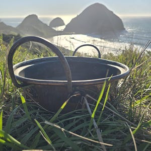 May include: A weathered, dark metal cauldron with two arched handles, set in tall green grass. The background features a coastal landscape with mountains and the ocean under a bright sky. The cauldron is the focal point.