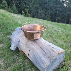 May include: A copper bowl with two brass handles sits on a weathered log in a forest setting.