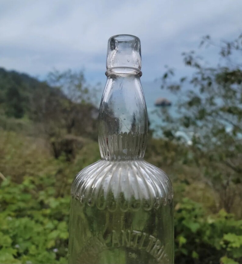 May include: A clear glass bottle with a textured surface and the word "ANTITRUST" printed on the bottom. The bottle is empty and has a vintage look.