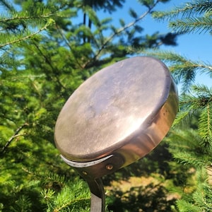 May include: A copper-colored, round cooking pan with a long, dark handle. The pan is set against a backdrop of green pine needles and a clear blue sky. The pan's surface reflects the sunlight.