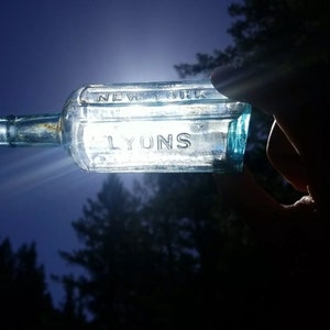 May include: A clear glass bottle with a blue tint and a brown neck. The bottle is labeled "NEW YORK LYONS".