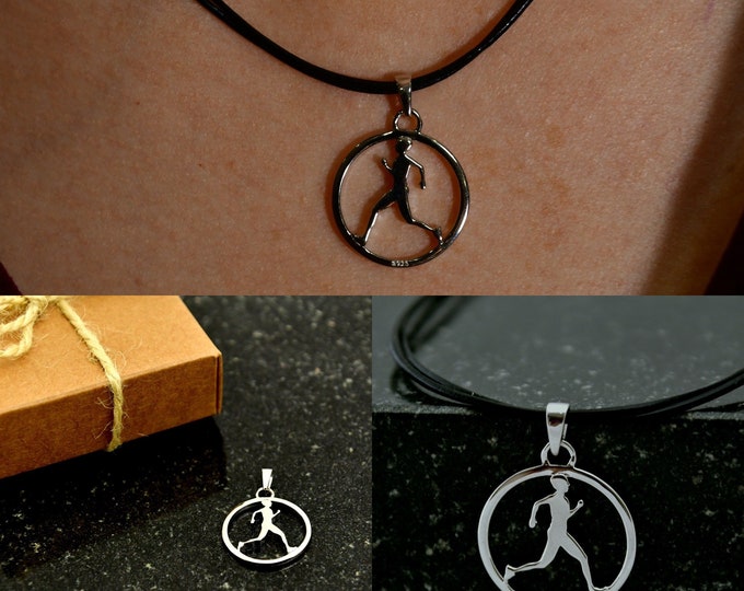 Running gift. Silver pendant. With leather rope.