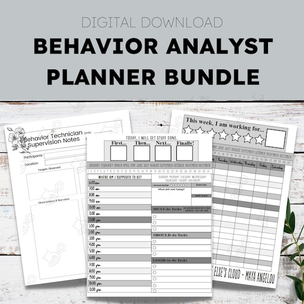 Bundle de pages pour agenda noir et blanc Behaviour Analyst BCBA aba NUMÉRIQUE + IMPRIMABLE