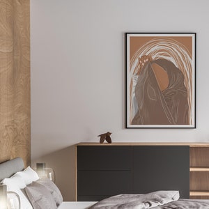 Illustrierte Kunstwerk/Hijabi/weiß und Beige Druck/Geburtstag Geschenk/Frau im Kopftuch/Downloadable/Beige Kleid / Wandbehang/Home Styling