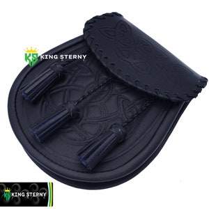 Men&#39;s and Women&#39;s  Scottish Black Double Embossed Black Leather Kilt Sporran / Leather Tassels Sporran by KS