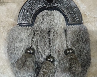 Scottish Full Dress Grey Rabbit Fur Celtic Antique Cantle Kilt Sporran by KS