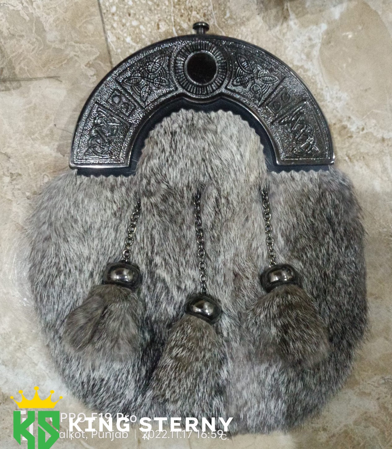 Premium Fatto A Mano - Grigio E Nero Coniglio Pelliccia Semi Abito Scozzese SPORRAN - Celtic Sporran E Cintura Catena - Kilt Sporran - Italia - Foto 12