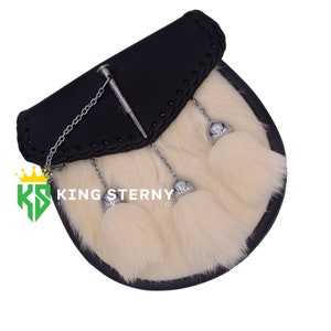 Men&#39;s and Women&#39;s  Scottish White Rabbit Fur Leather Kilt Chrome Pin Lock Sporran  & Chain Belt by KS