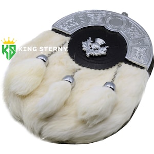 Men&#39;s and Women&#39;s Scottish Full Dress White Rabbit Fur Leather Kilt Sporran Celtic Chrome Cantle  & Chain Belt by KS