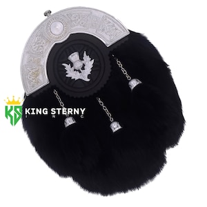 Men&#39;s and Women&#39;s  Scottish Full Dress Black Rabbit Fur Leather Kilt Sporran Celtic Chrome Cantle  & Chain Belt by KS
