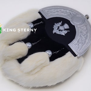 Scottish Full Dress White Black  Rabbit Fur Chrome Cantle Kilt Sporran & Thistle Badge By KS