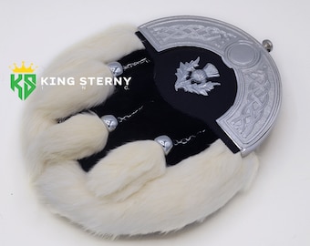 Scottish Full Dress White Black  Rabbit Fur Chrome Cantle Kilt Sporran & Thistle Badge By KS