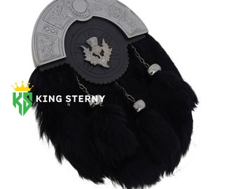 Schottisches Vollkleid für Herren und Damen Schwarzer Kaninchenfell Leder Kilt Sporran Keltischer antiker Cantle & Kettengürtel von KS