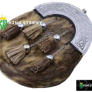 Men&#39;s and Women&#39;s Scottish Full Dress Formal Seal Skins Leather Kilt Sporran Chrome Cantle  & Chain Belt by KS