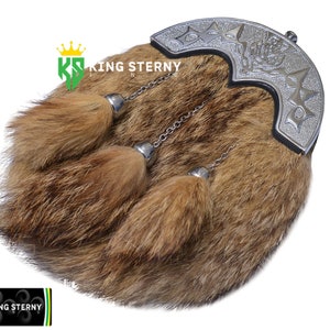 Men&#39;s and Women&#39;s  Scottish Full Dress Fox Fur Leather Kilt Sporran Celtic Chrome Cantle  & Chain Belt by KS