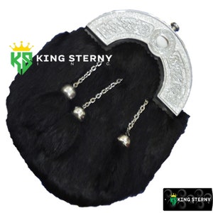 Men&#39;s and Women&#39;s  Scottish Full Dress Black Fur Leather Kilt Sporran Celtic  Chrome Cantle  & Chain Belt by KS