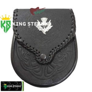 Men&#39;s and Women&#39;s  Scottish Double Embossed Scottish Black  Leather Kilt  Thistle Sporran With Chain Belt