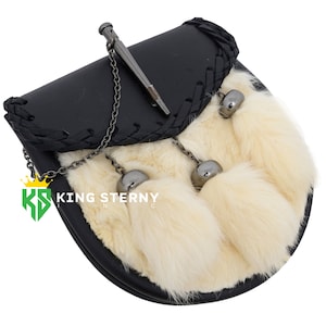 Men&#39;s and Women&#39;s Scottish White Rabbit Fur Leather Kilt Antiuqe Pin Lock Sporran  & Chain Belt by KS