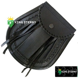 Men&#39;s and Women&#39;s Scottish Black Leather ROB ROY SPORRAN  Jacobite Kilt Sporran with Leather Lace Tassels & Chain Belt by ks