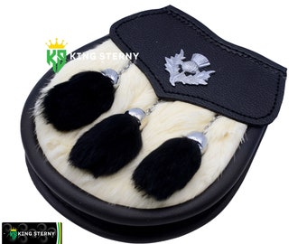 Men's and Women's  Scottish Semi  Dress White  Rabbit Fur Kilt Black Tassels Sporran & Thistle Badge