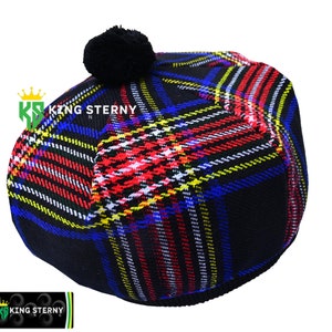 Great Men&#39;s and Women&#39;s  Scottish Tam O&#39; Shanter Hat Black Stewart Tartan Tummy Hat