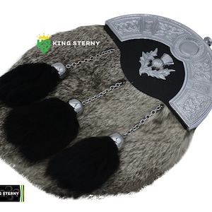 Scottish Full Dress Grey Rabbit Fur Chrome Cantle Kilt Sporran & Thistle Badge