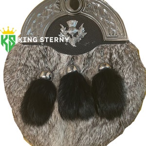Scottish Full Dress Grey Rabbit Fur Chrome Cantle Kilt Sporran & Thistle Badge