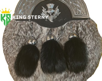 Scottish Full Dress Grey Rabbit Fur Chrome Cantle Kilt Sporran & Thistle Badge