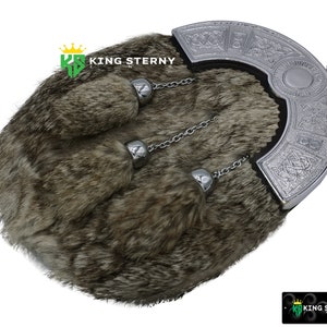 Scottish Full Dress Grey Rabbit Fur Celtic Chrome Cantle Kilt Sporran by KS