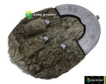 Scottish Full Dress Grey Rabbit Fur Celtic Chrome Cantle Kilt Sporran by KS