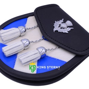 Brand New Scottish Flag Leather Kilt Sporran White & Blue With Thistle Badge