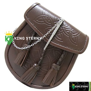 Men&#39;s and Women&#39;s  Scottish Black Double Embossed Brown Leather Pin Lock Kilt Sporran / Leather Tassels Sporran by KS