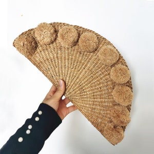 Straw Fan Pom Pom Clutch Bag