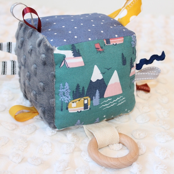 Camper Sensory Block, Activity Cube, Baby Rattle, Crinkle Toy, Baby Shower Gift