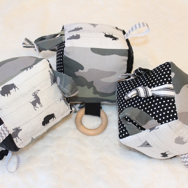 Camo and Deer Sensory Block, Woodland Crinke Toy, Wildlife Baby Rattle, Baby Shower Gift