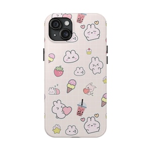 Kawaii iPhone Case - Cute Pink Grid with Bunnies, Teddy Bears | Soft Aesthetic Anime Phone Cover | Gifts for Girls and Teens