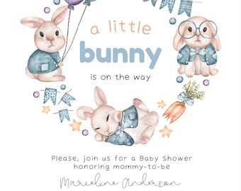 May include: A baby shower invitation with a blue and white bunny illustration. The text reads "a little bunny is on the way". The invitation includes the date, time, and location of the shower, as well as the name of the mother-to-be, Marceline Anderson.