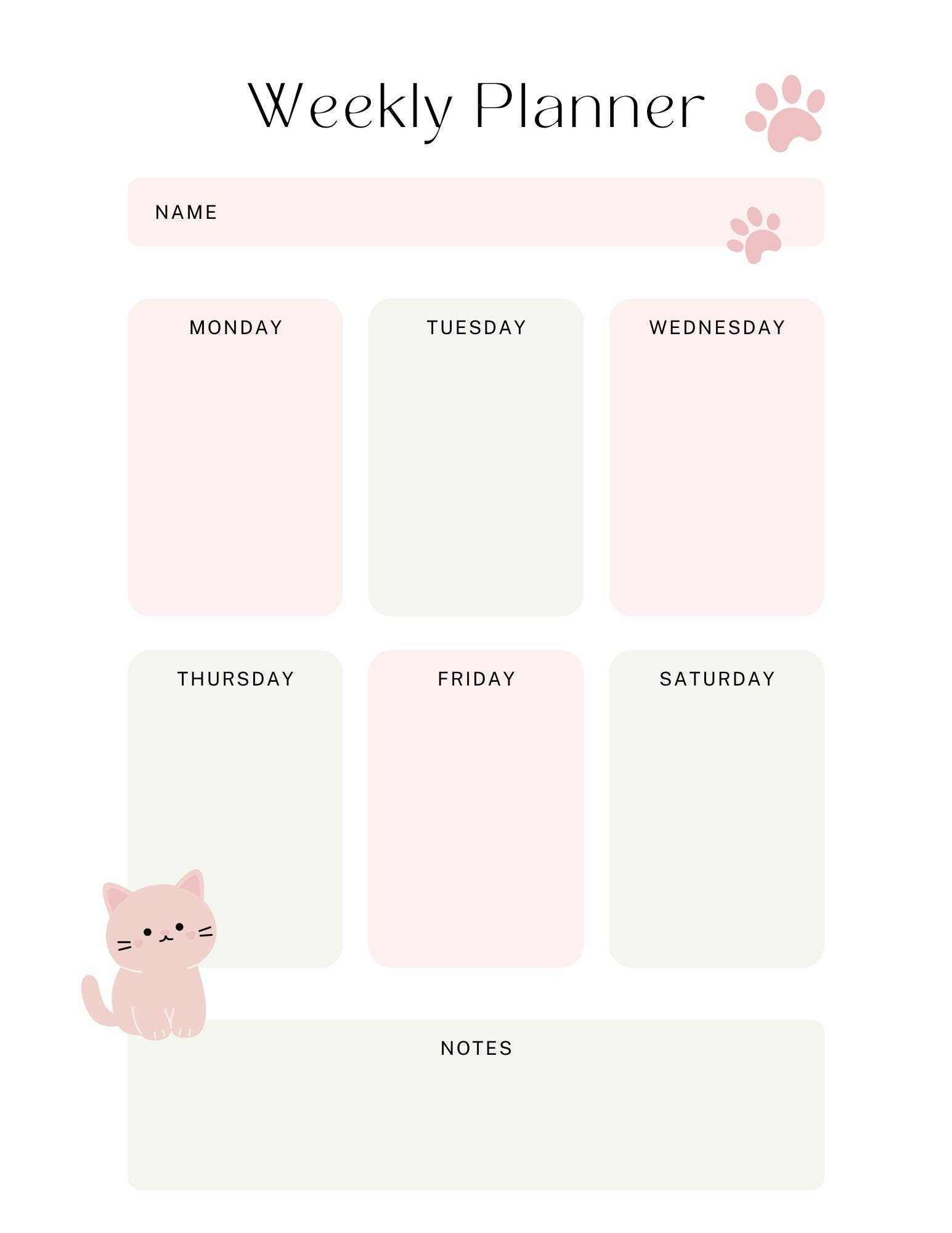 Custom Weekly Planner Pastel Color |A4 Size| Cute Dog Paws and Cat ...