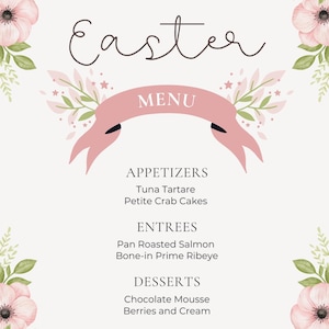 Menu di Pasqua personalizzato stampabile / modificabile 11x17 / perfetto per brunch/cena / download immediato / elegante design floreale rosa e verde